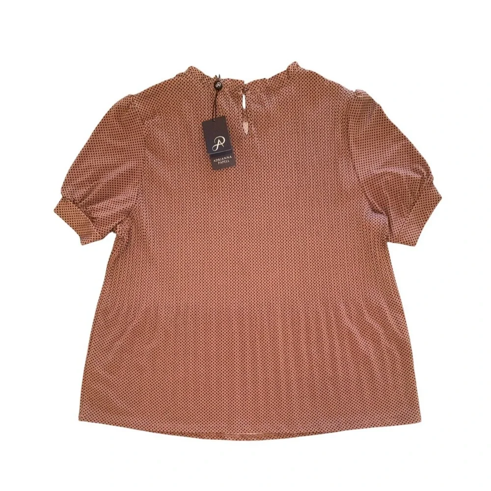 NWT Adrianna Papell Polka Dot Print Ruffle Neck Puffed Sleeve Pleated Top XL $69